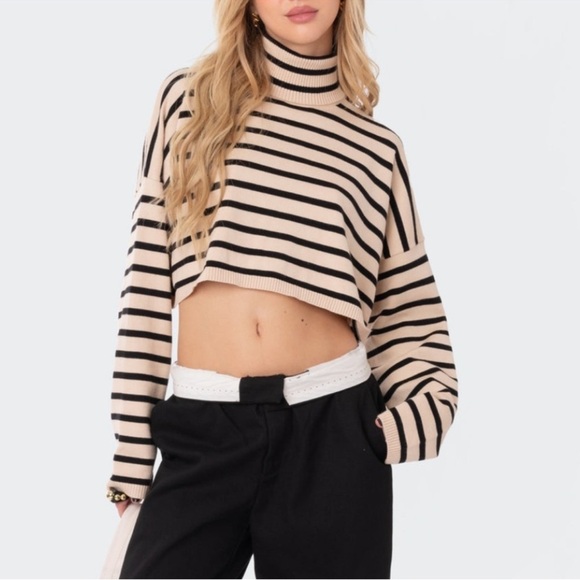 Edikted Black and cream Striped cropped turtleneck Sweater - Picture 4 of 11